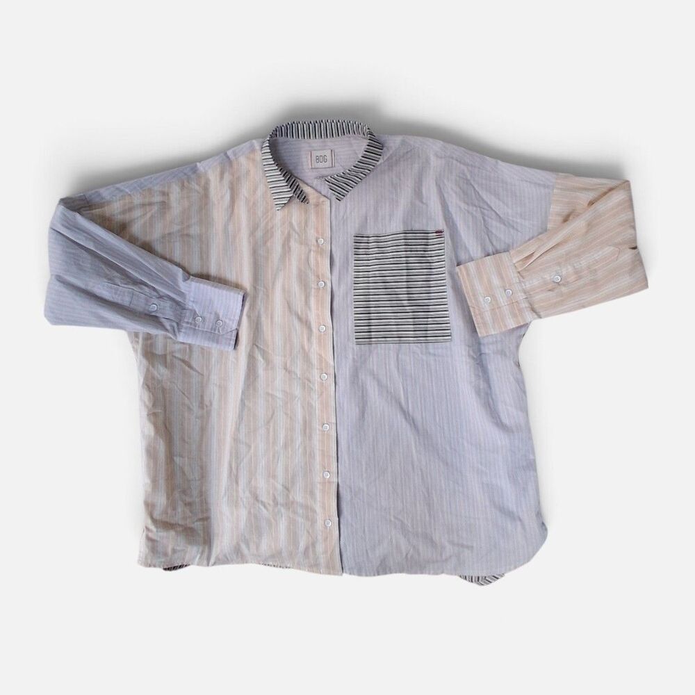 BDG tan blue and gray color block stripped button up shirt size S-P